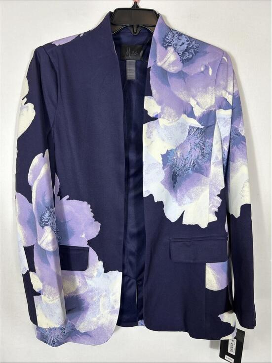 Muse Jackets & Blazers - $109 Muse Floral Collarless Open-Front Jacket Women's 6 Navy, Lilac/Blue